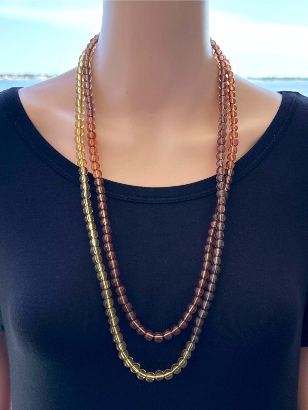 Long Beaded Necklace Honey Amber Brown Ombre 58 Inch Length Vintage Womens